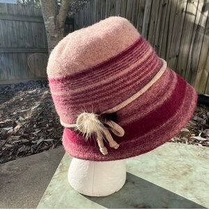 SHIHREEN wool blend cloche knit hat with mink detail